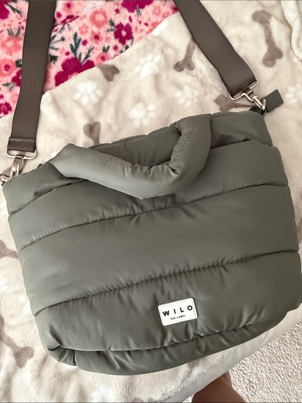 Olive Puffer Crossbody Bag with Top Handle - Picture 3 of 4